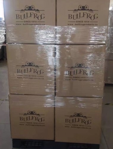 Stack of Bull Frog boxes placed and wrapped on a pallet
